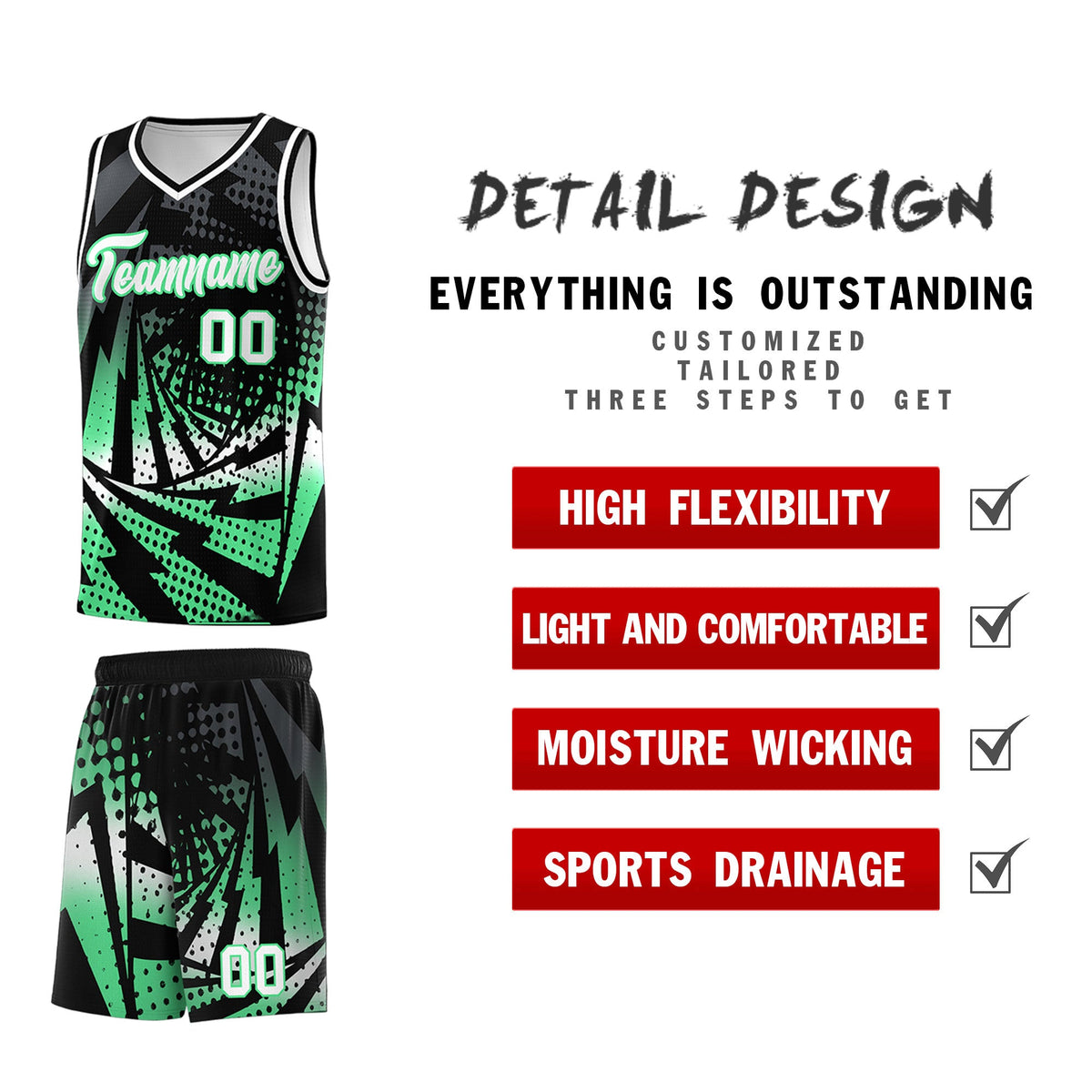 Custom Youth Basketball Jerseys Black Green Lightning Design Halftone Personalized Uniforms