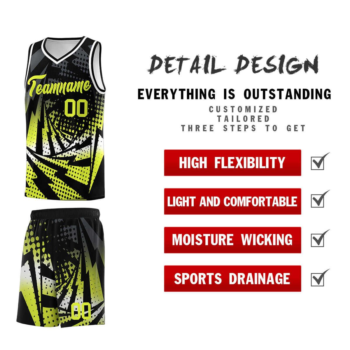 Custom Youth Basketball Jerseys Black Fluorescent Green Lightning Halftone Personalized Team Uniforms