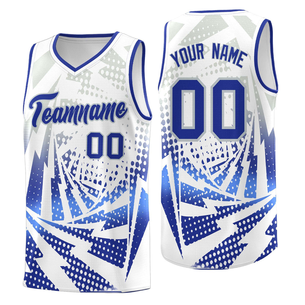 Custom Youth Basketball Jerseys White Royal Blue Lightning Design Halftone Personalized Uniforms