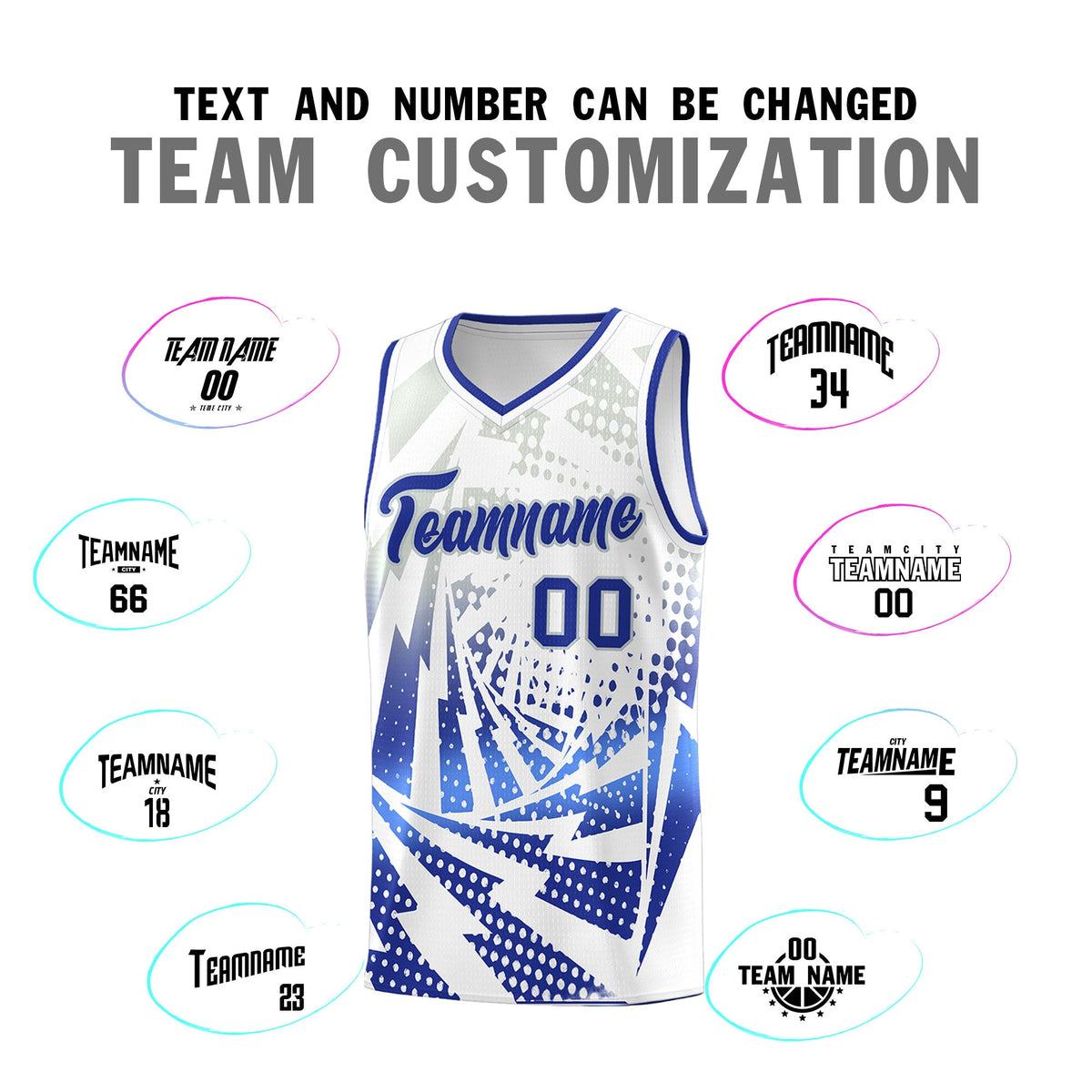 Custom Youth Basketball Jerseys White Royal Blue Lightning Design Halftone Personalized Uniforms
