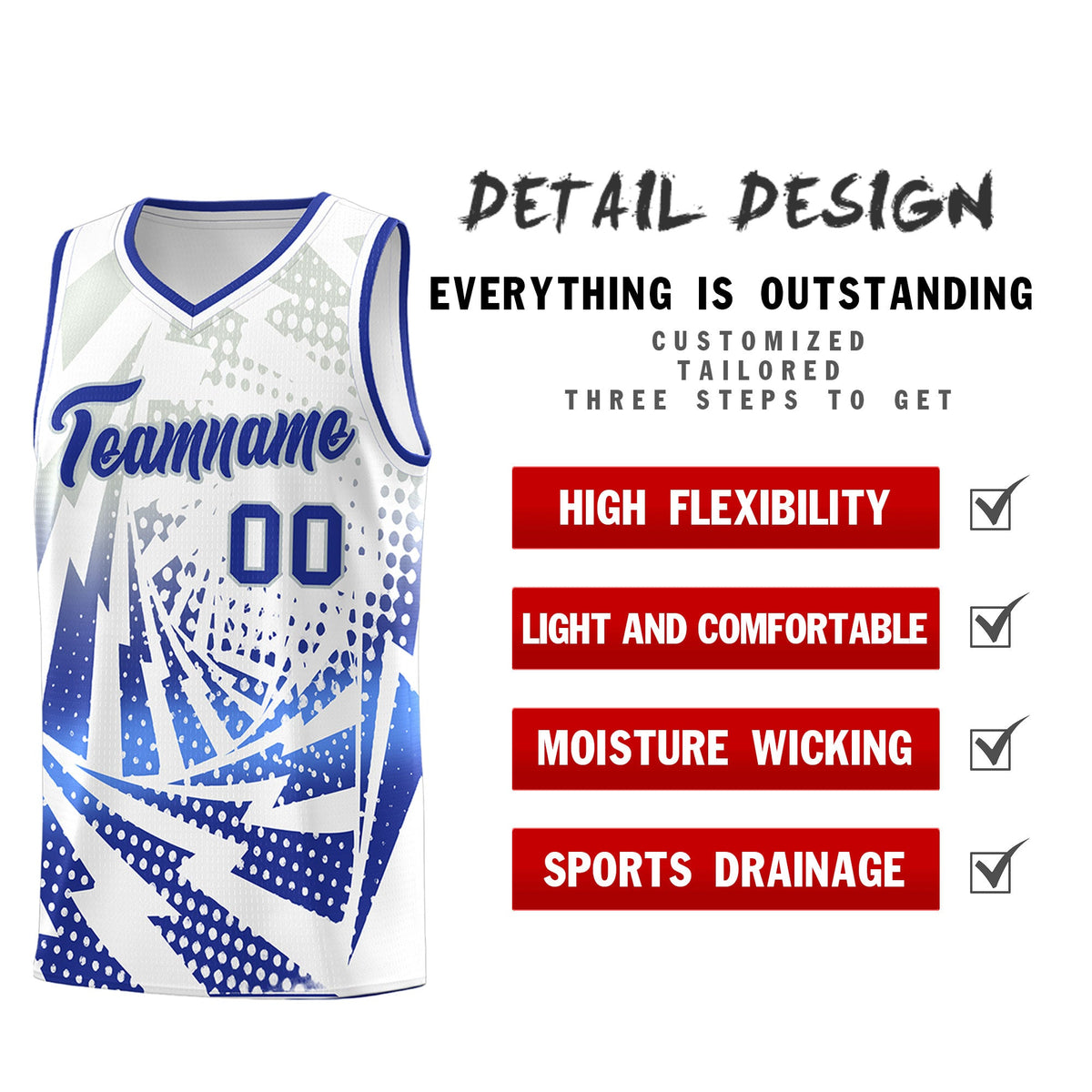 Custom Youth Basketball Jerseys White Royal Blue Lightning Design Halftone Personalized Uniforms