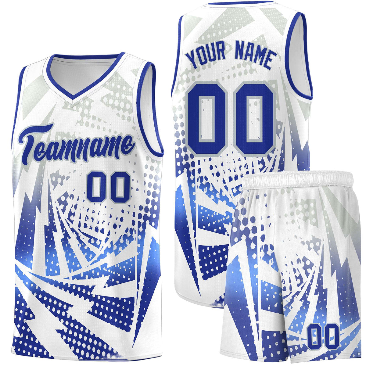 Custom Youth Basketball Jerseys White Royal Blue Lightning Design Halftone Personalized Uniforms