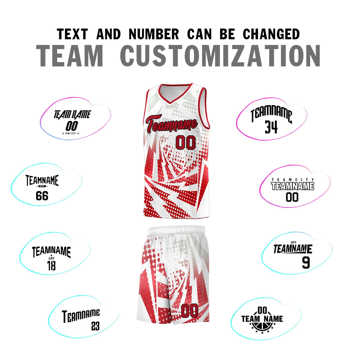 Custom Youth Basketball Jerseys White Red Lightning Halftone Personalized Team Uniforms