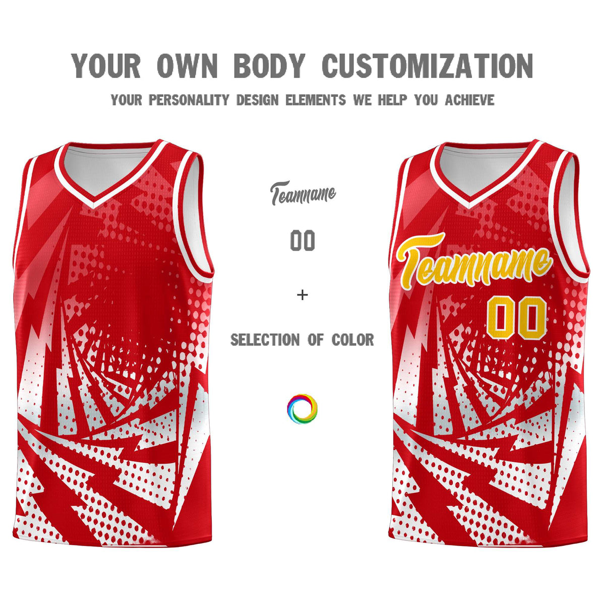 Custom Youth Basketball Jerseys Red White Lightning Halftone Personalized Team Uniforms