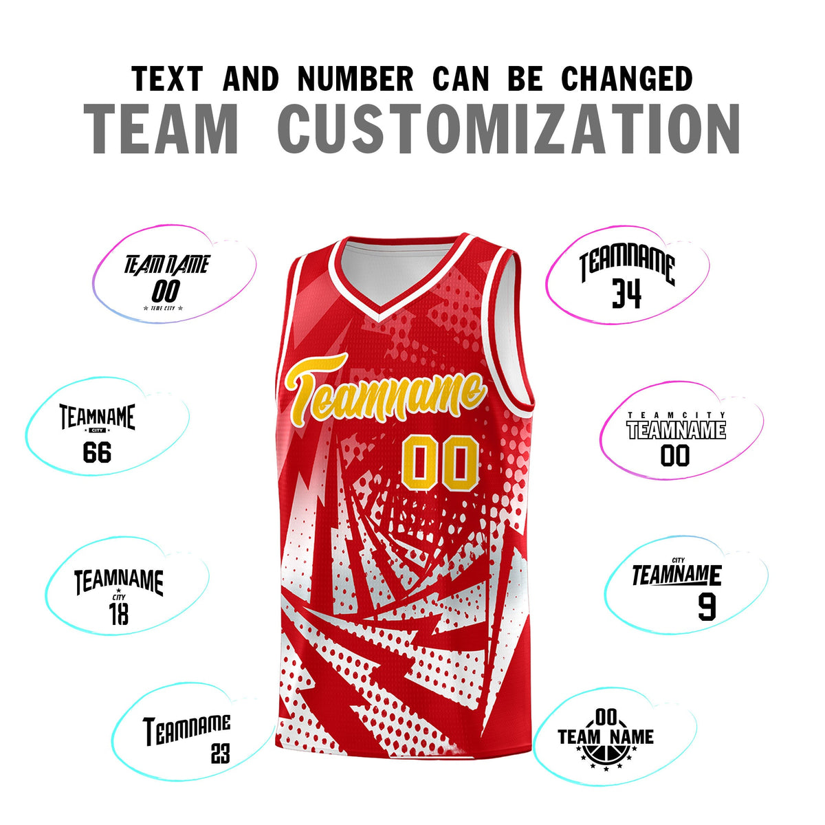 Custom Youth Basketball Jerseys Red White Lightning Halftone Personalized Team Uniforms