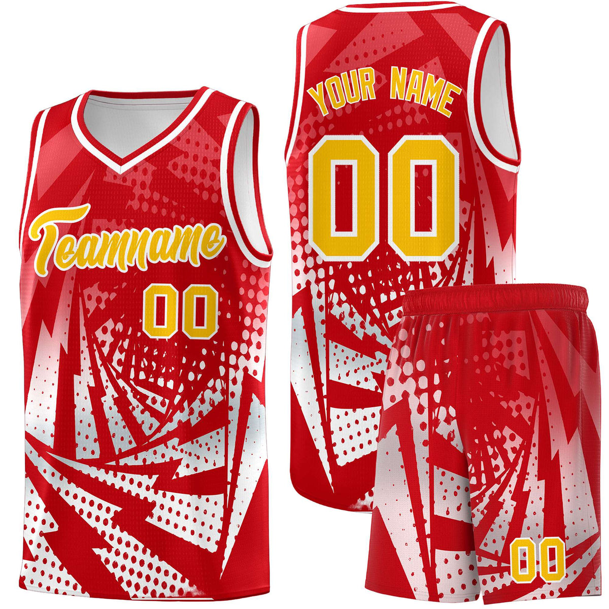 Custom Youth Basketball Jerseys Red White Lightning Halftone Personalized Team Uniforms