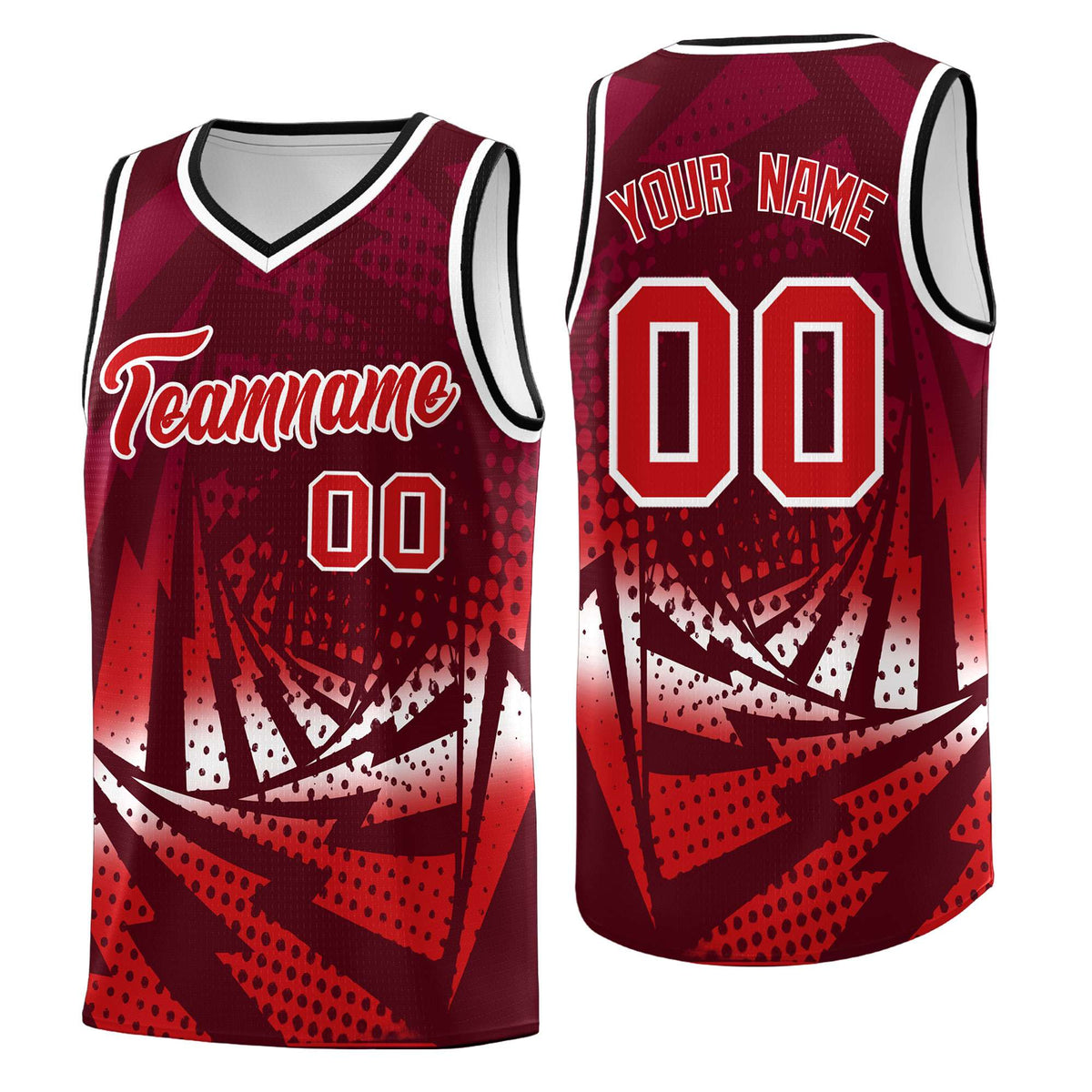 Custom Youth Basketball Jerseys Maroon Red Lightning Halftone Personalized Team Uniforms