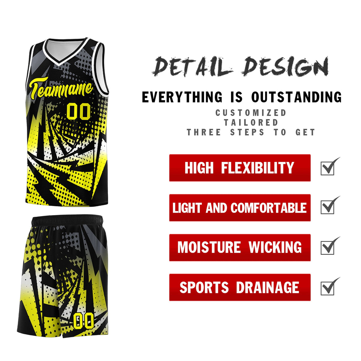 Custom Youth Basketball Jerseys Black Fluorescent Yellow Lightning Design Halftone Personalized Uniforms