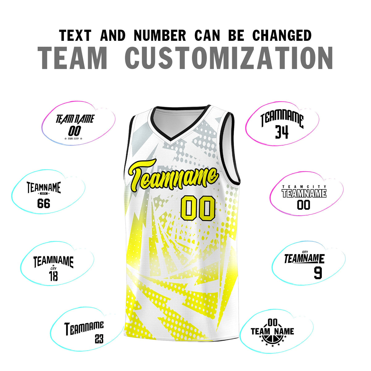 Custom Youth Basketball Jerseys White Fluorescent Yellow Lightning Halftone Personalized Team Uniforms