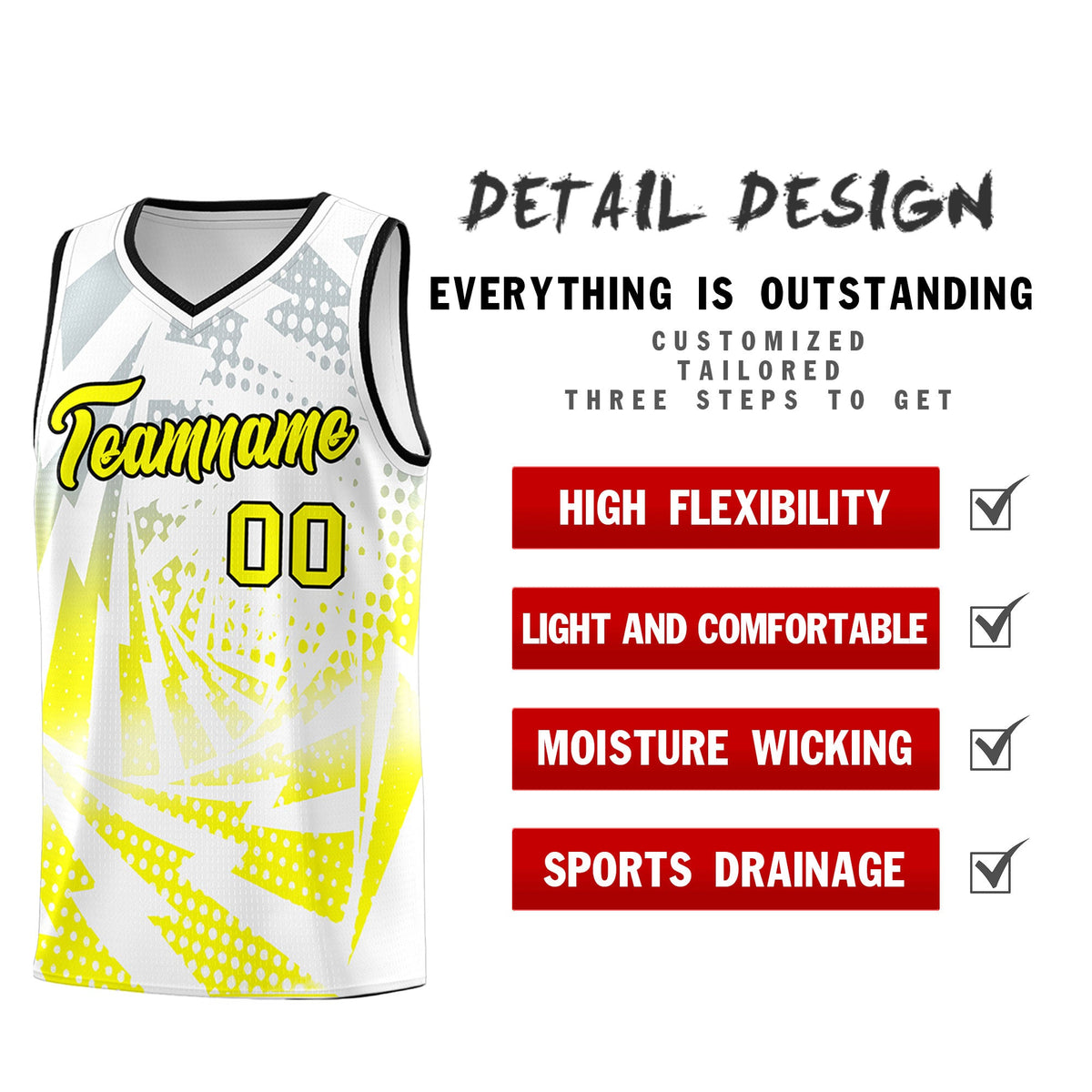 Custom Youth Basketball Jerseys White Fluorescent Yellow Lightning Halftone Personalized Team Uniforms