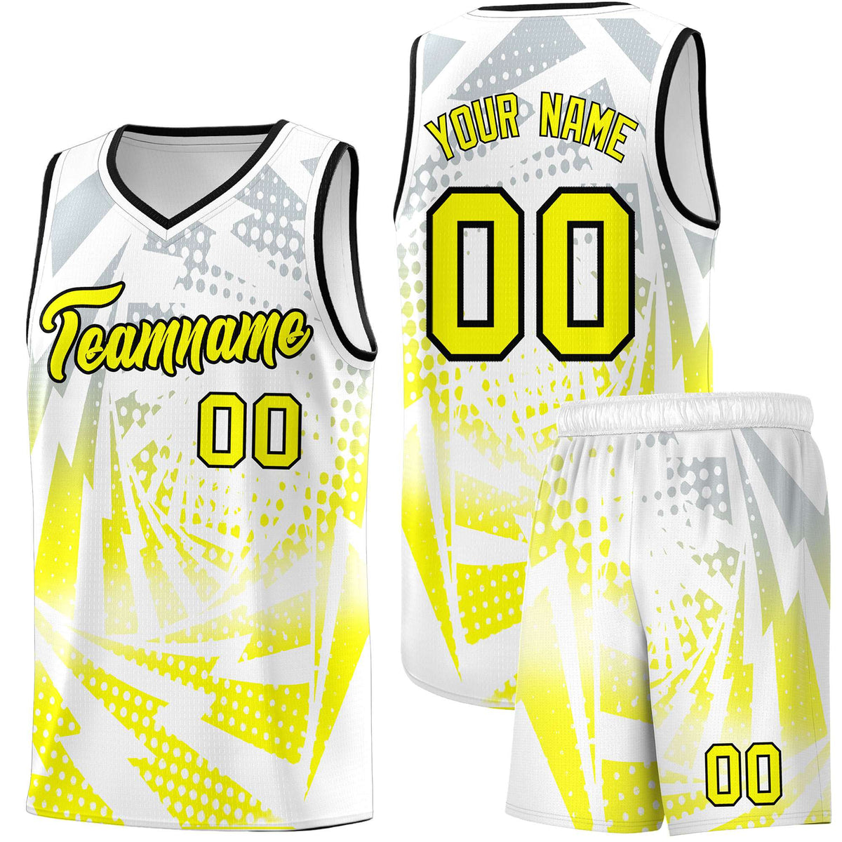 Custom Youth Basketball Jerseys White Fluorescent Yellow Lightning Halftone Personalized Team Uniforms