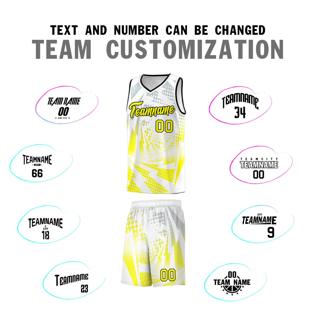 Custom Youth Basketball Jerseys White Fluorescent Yellow Lightning Halftone Personalized Team Uniforms