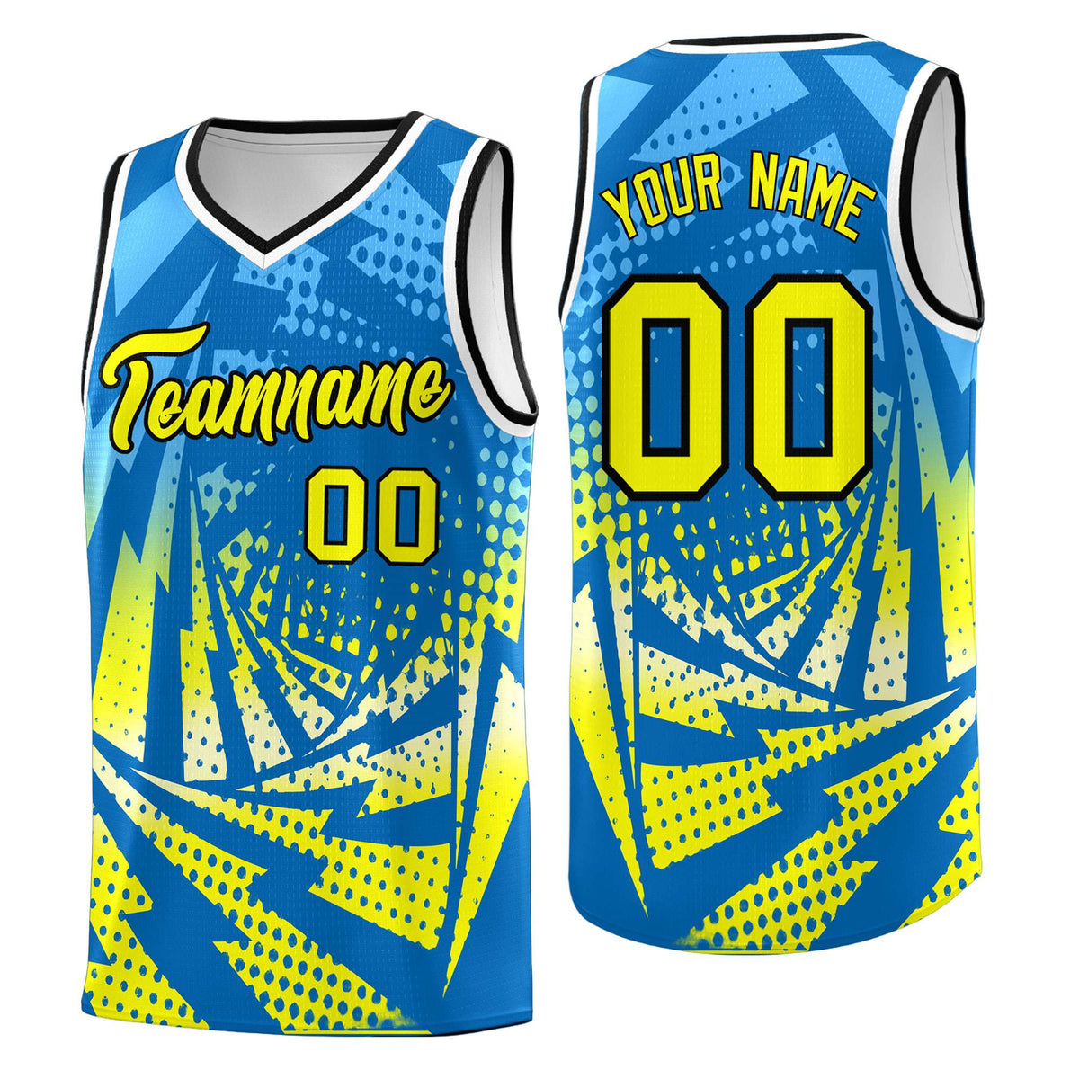 Custom Youth Basketball Jerseys Light Blue Fluorescent Yellow Lightning Design Halftone Personalized Uniforms