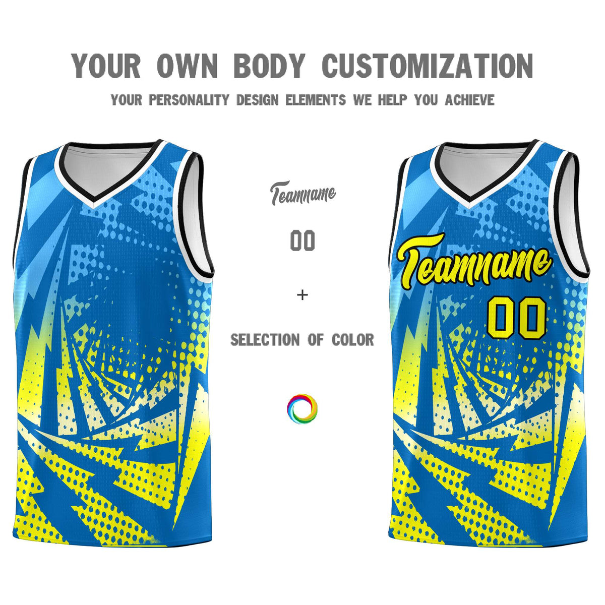 Custom Youth Basketball Jerseys Light Blue Fluorescent Yellow Lightning Design Halftone Personalized Uniforms