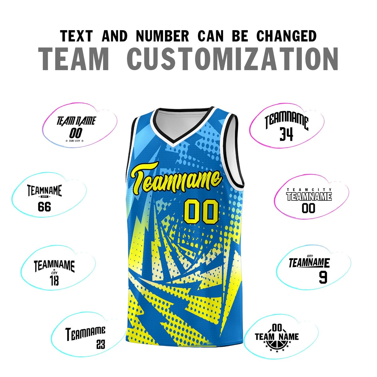Custom Youth Basketball Jerseys Light Blue Fluorescent Yellow Lightning Design Halftone Personalized Uniforms