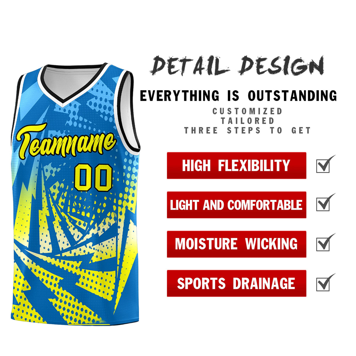 Custom Youth Basketball Jerseys Light Blue Fluorescent Yellow Lightning Design Halftone Personalized Uniforms