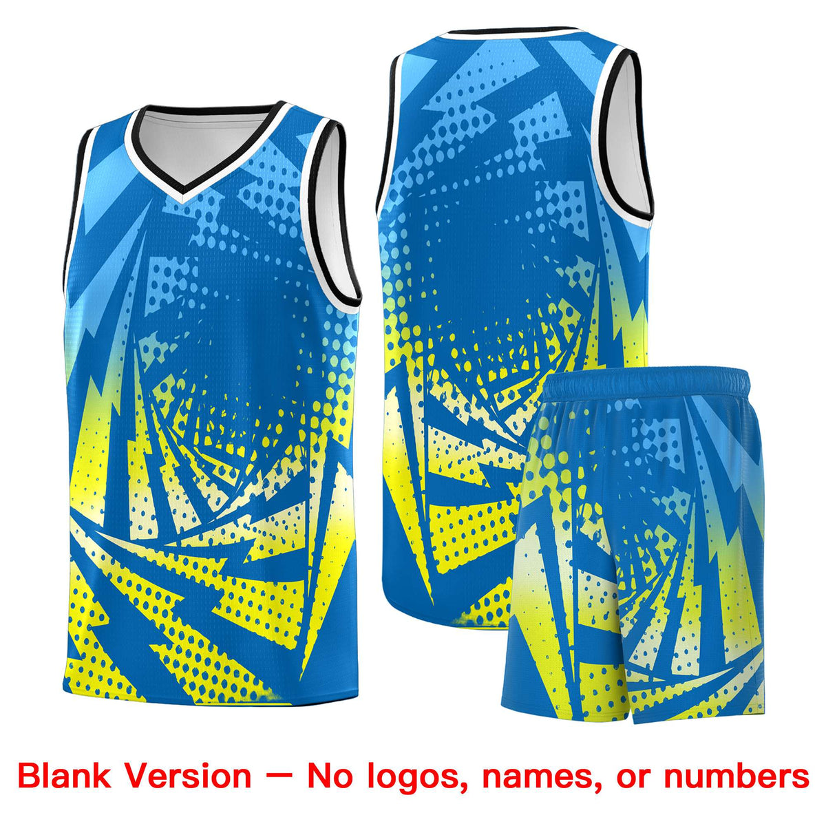Custom Youth Basketball Jerseys Light Blue Fluorescent Yellow Lightning Design Halftone Personalized Uniforms