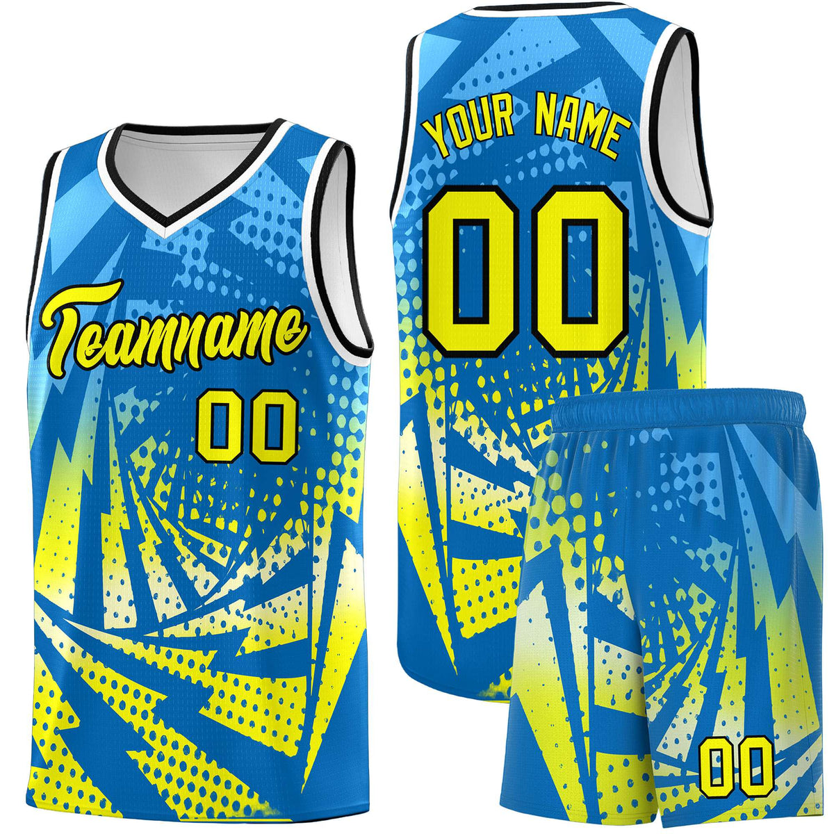 Custom Youth Basketball Jerseys Light Blue Fluorescent Yellow Lightning Design Halftone Personalized Uniforms