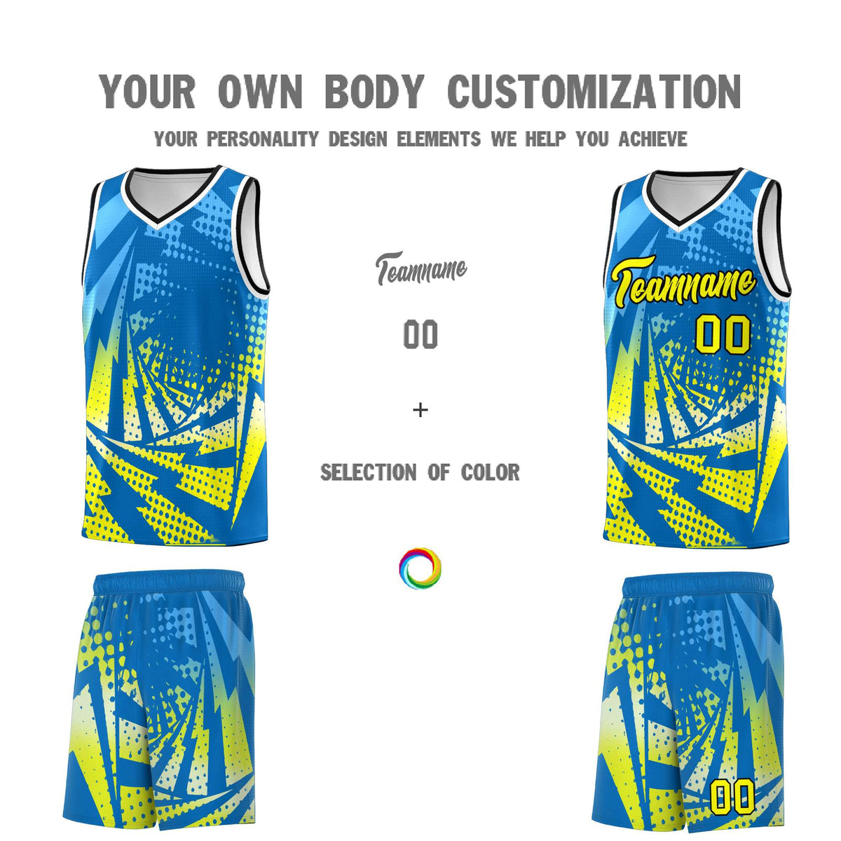 Custom Youth Basketball Jerseys Light Blue Fluorescent Yellow Lightning Design Halftone Personalized Uniforms