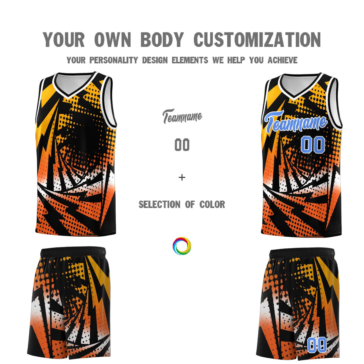 Custom Youth Basketball Jerseys Black Orange Lightning Design Halftone Personalized Uniforms