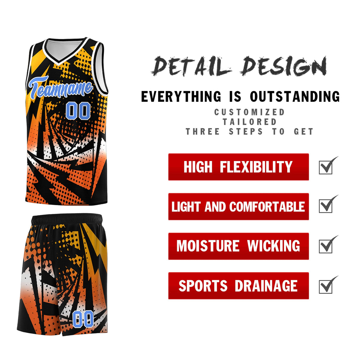 Custom Youth Basketball Jerseys Black Orange Lightning Design Halftone Personalized Uniforms