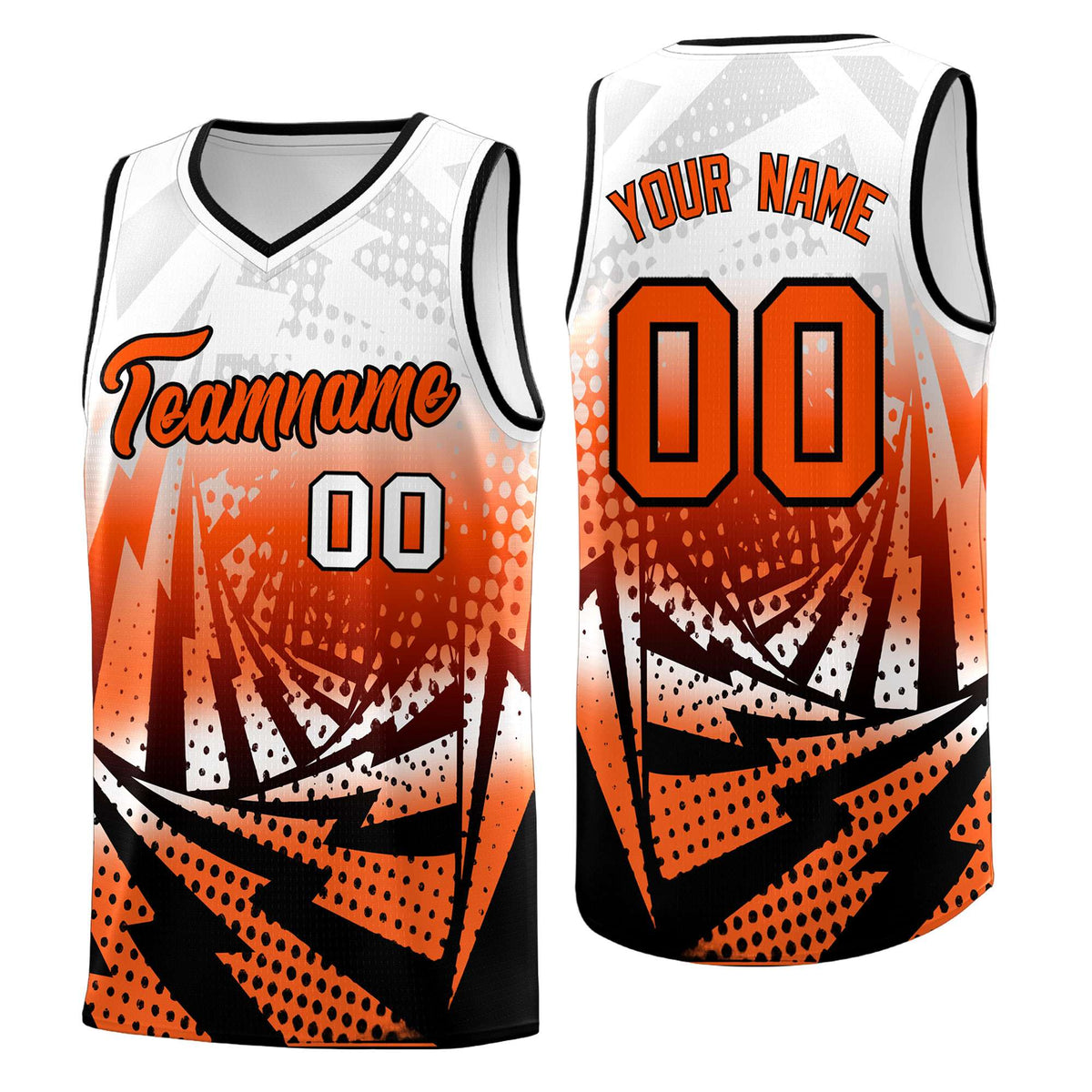 Custom Youth Basketball Jerseys White Orange Lightning Halftone Personalized Team Uniforms
