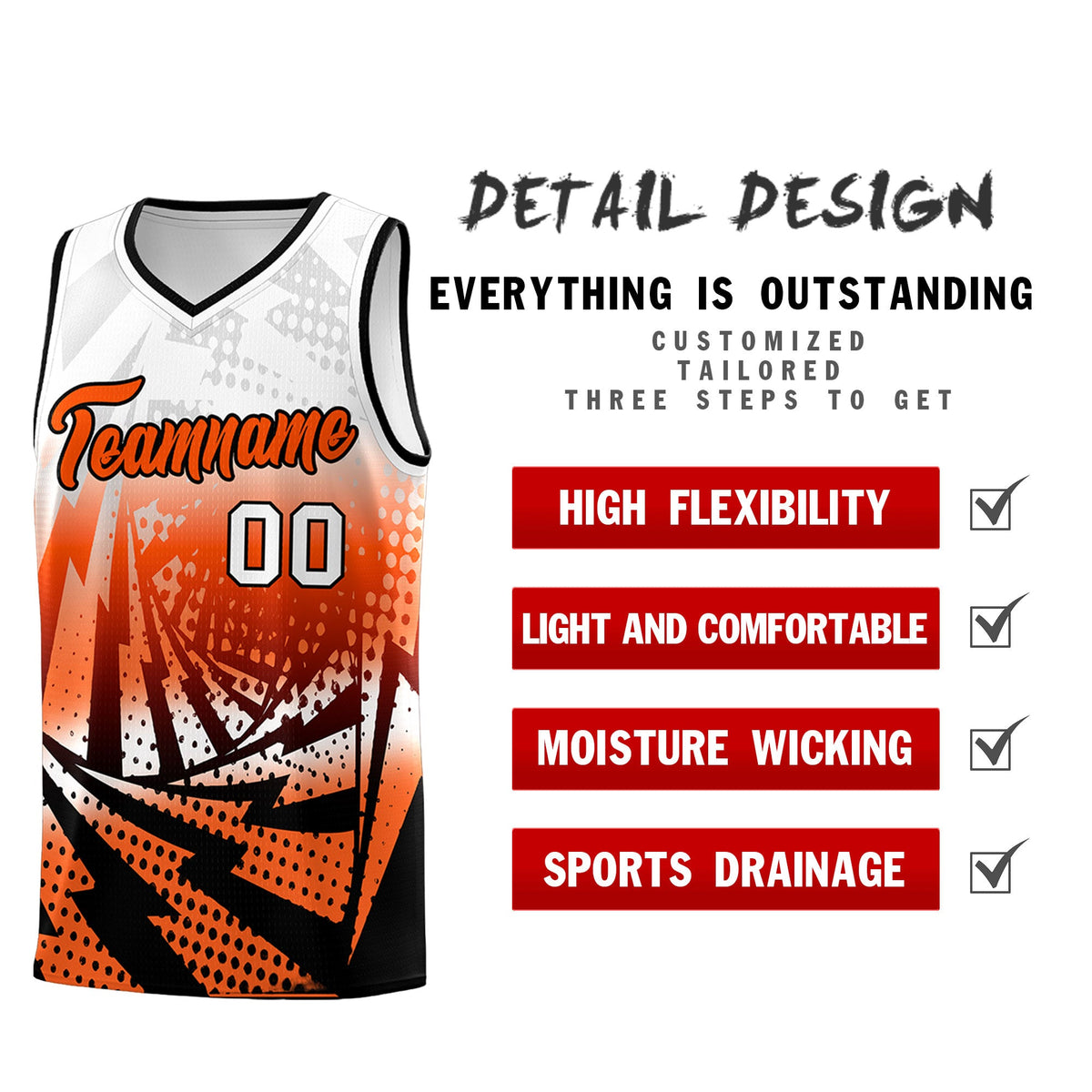 Custom Youth Basketball Jerseys White Orange Lightning Halftone Personalized Team Uniforms