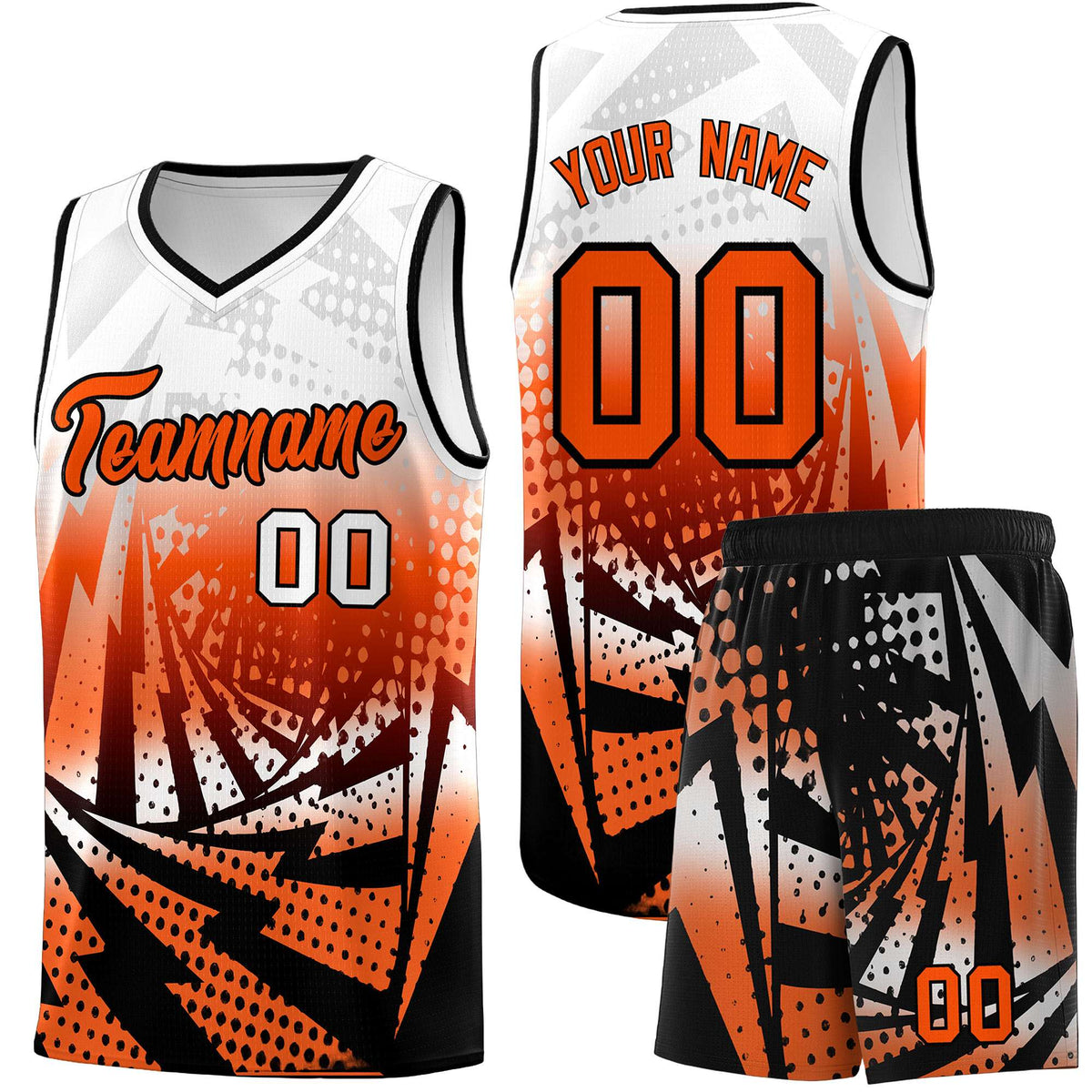 Custom Youth Basketball Jerseys White Orange Lightning Halftone Personalized Team Uniforms