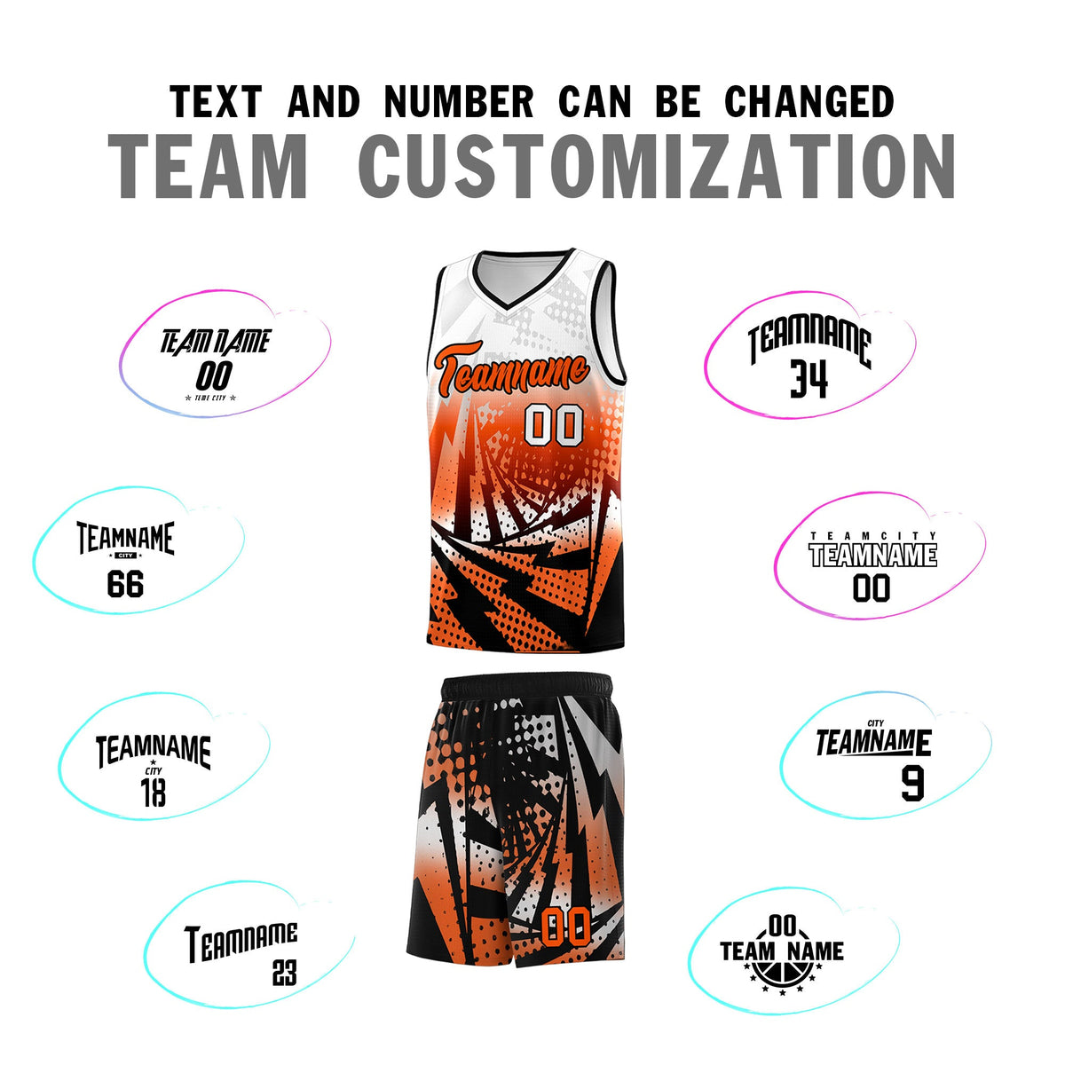 Custom Youth Basketball Jerseys White Orange Lightning Halftone Personalized Team Uniforms
