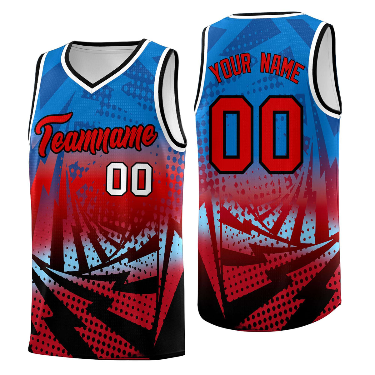 Custom Youth Basketball Jerseys Royal Red Lightning Design Halftone Personalized Uniforms