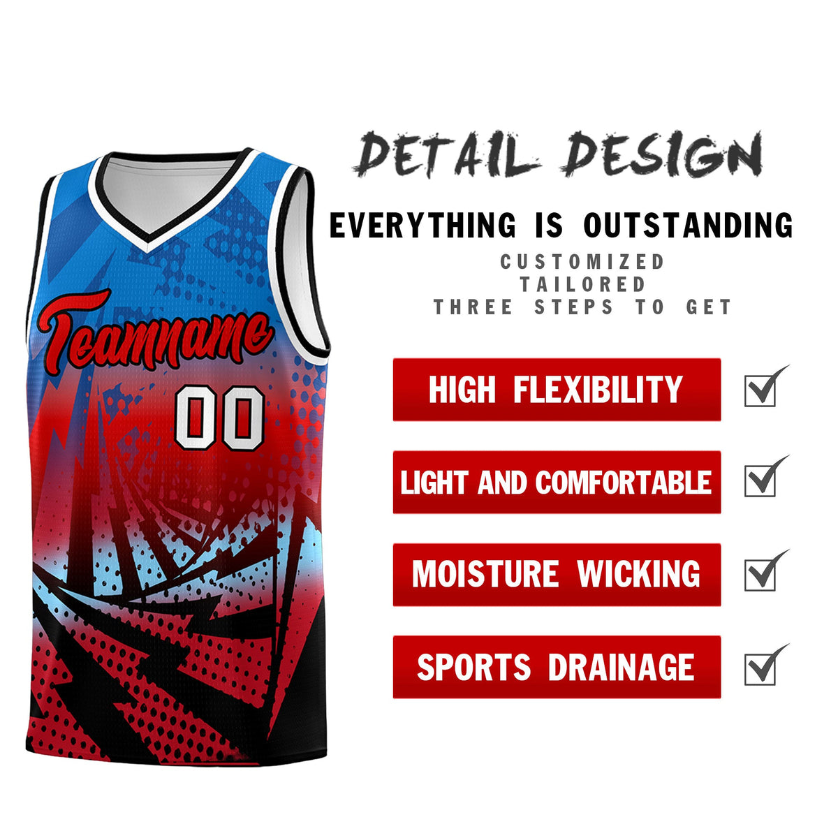Custom Youth Basketball Jerseys Royal Red Lightning Design Halftone Personalized Uniforms