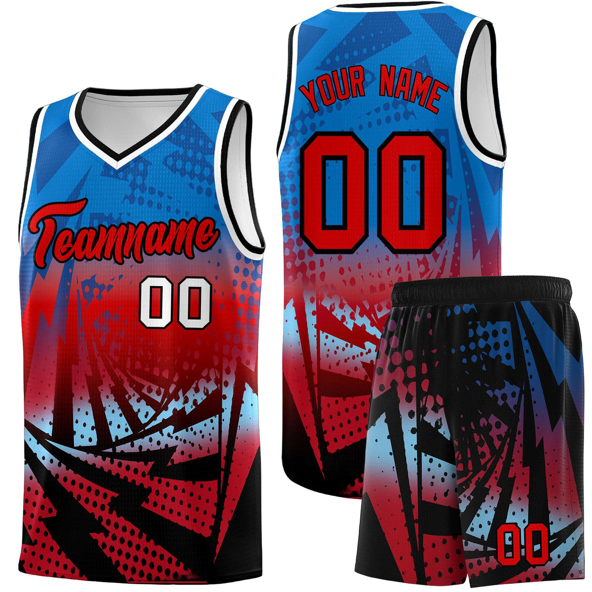Custom Youth Basketball Jerseys Royal Red Lightning Design Halftone Personalized Uniforms