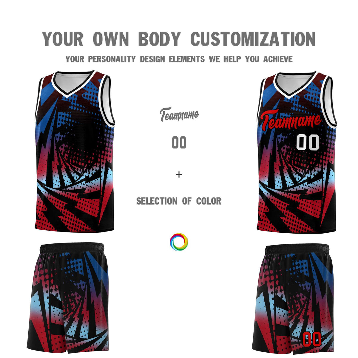 Custom Youth Basketball Jerseys Royal Red Lightning Design Halftone Personalized Uniforms
