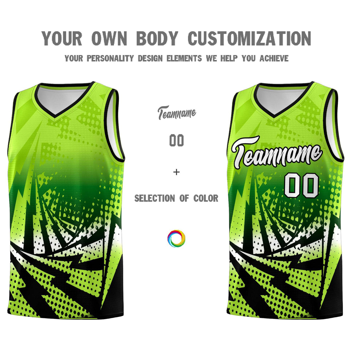 Custom Youth Basketball Jerseys Neon Green Black Lightning Halftone Personalized Team Uniforms