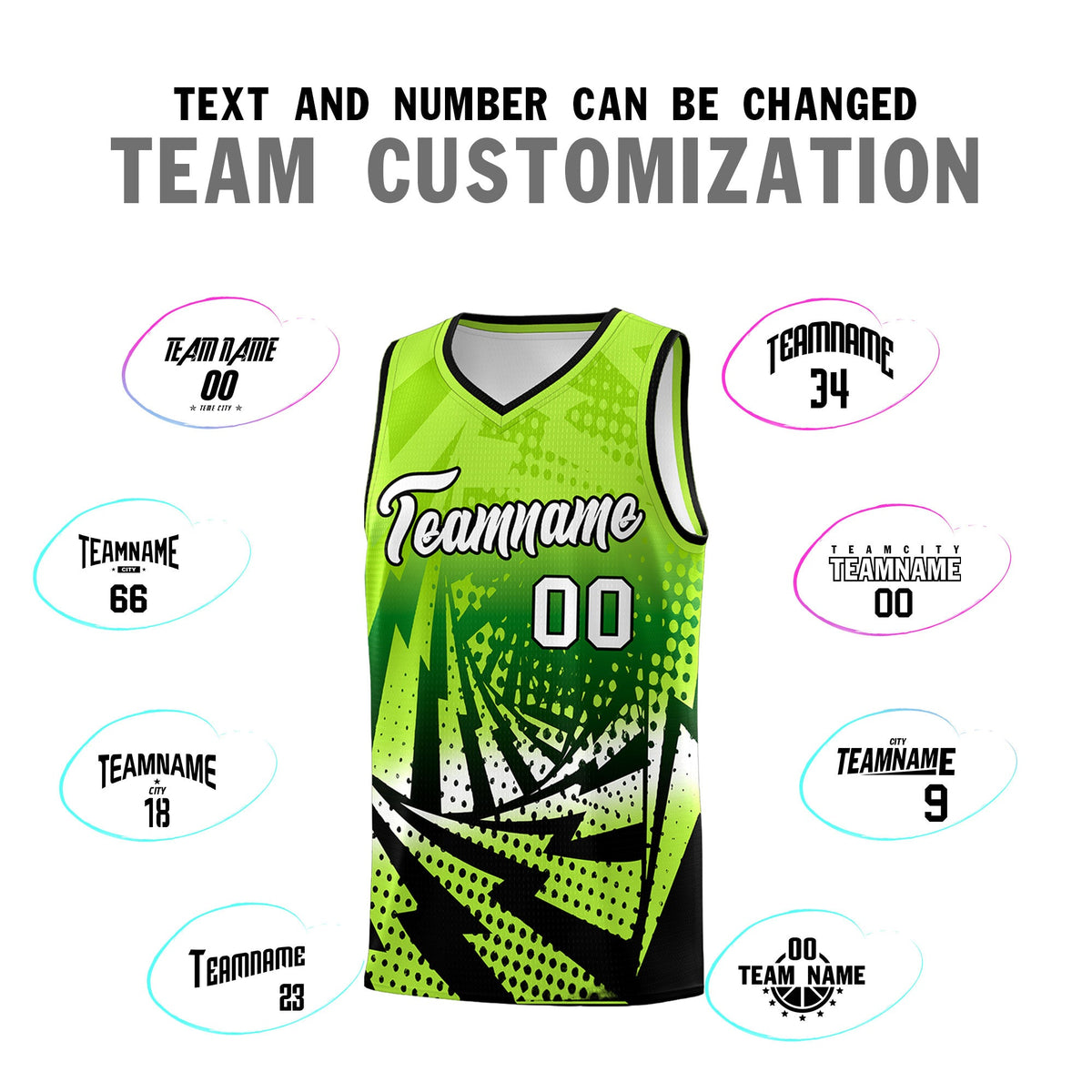 Custom Youth Basketball Jerseys Neon Green Black Lightning Halftone Personalized Team Uniforms