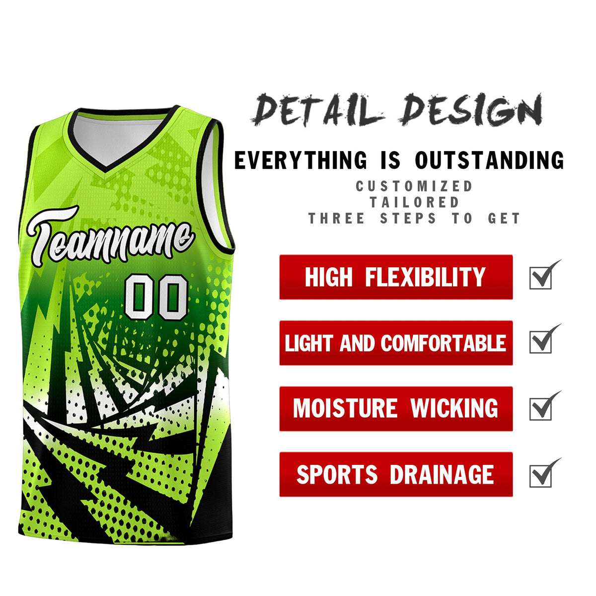 Custom Youth Basketball Jerseys Neon Green Black Lightning Halftone Personalized Team Uniforms