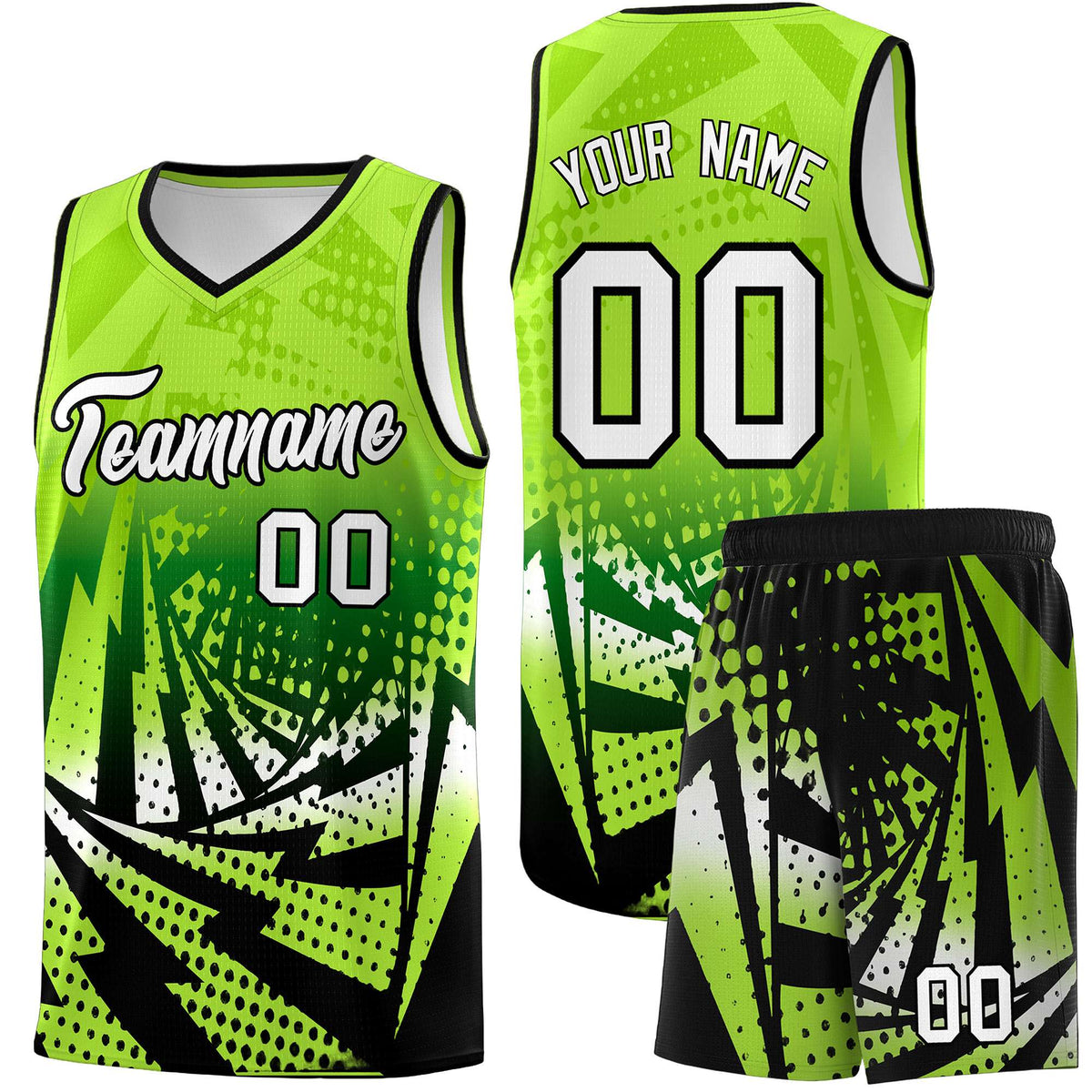 Custom Youth Basketball Jerseys Neon Green Black Lightning Halftone Personalized Team Uniforms