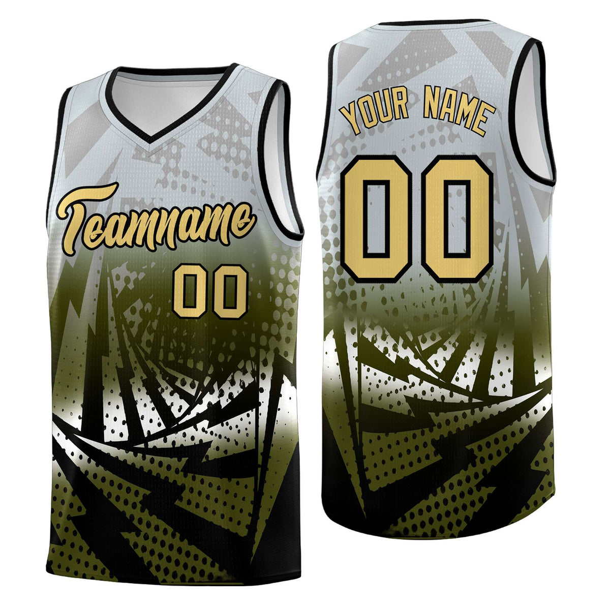 Custom Youth Basketball Jerseys Silver Gray Olive Lightning Design Halftone Personalized Uniforms