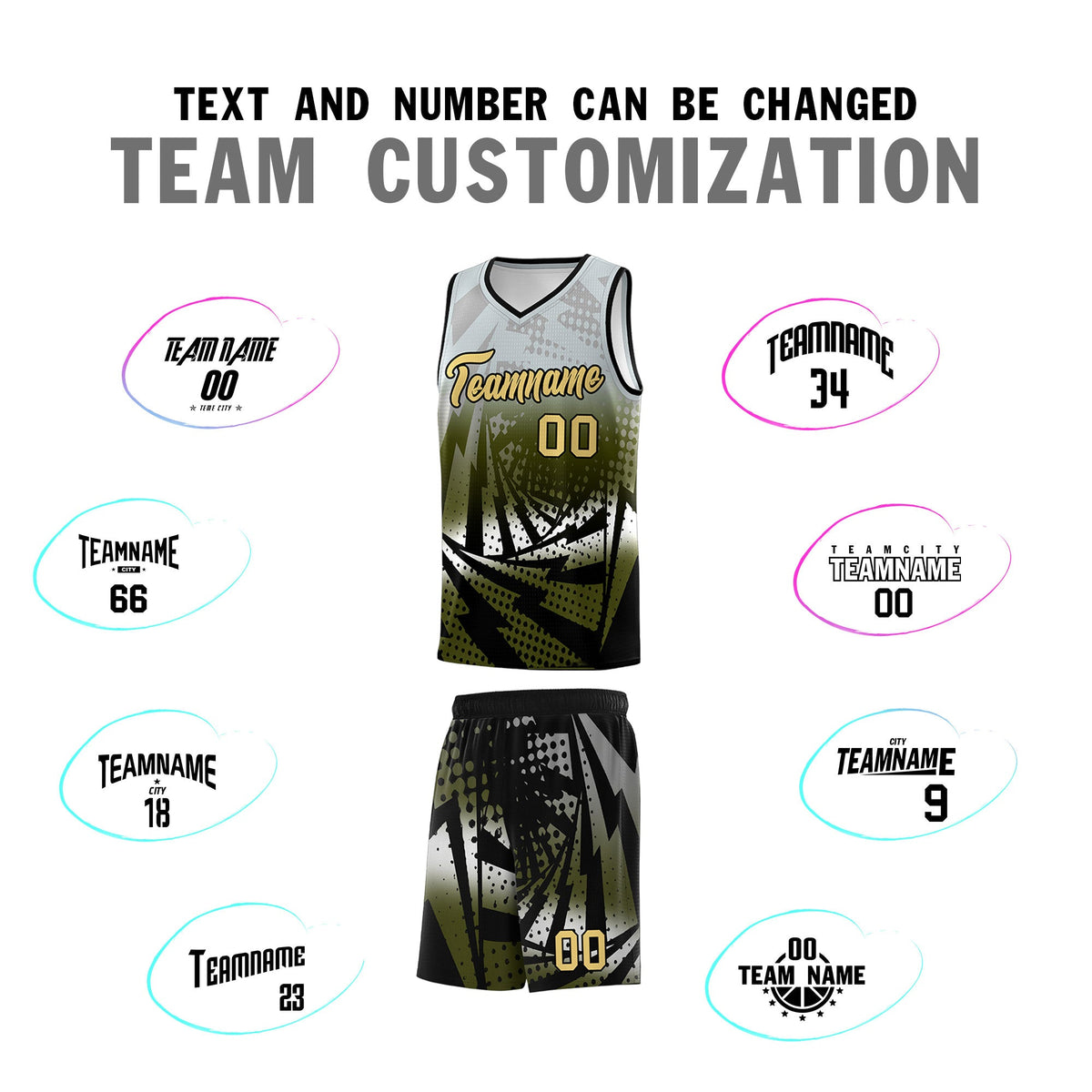 Custom Youth Basketball Jerseys Silver Gray Olive Lightning Design Halftone Personalized Uniforms