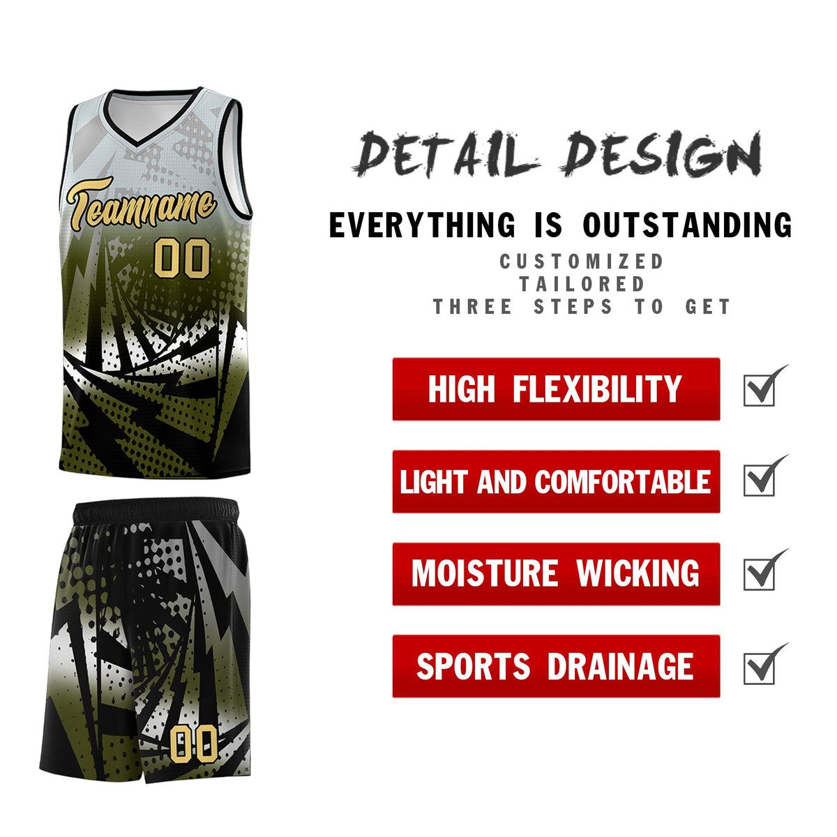 Custom Youth Basketball Jerseys Silver Gray Olive Lightning Design Halftone Personalized Uniforms