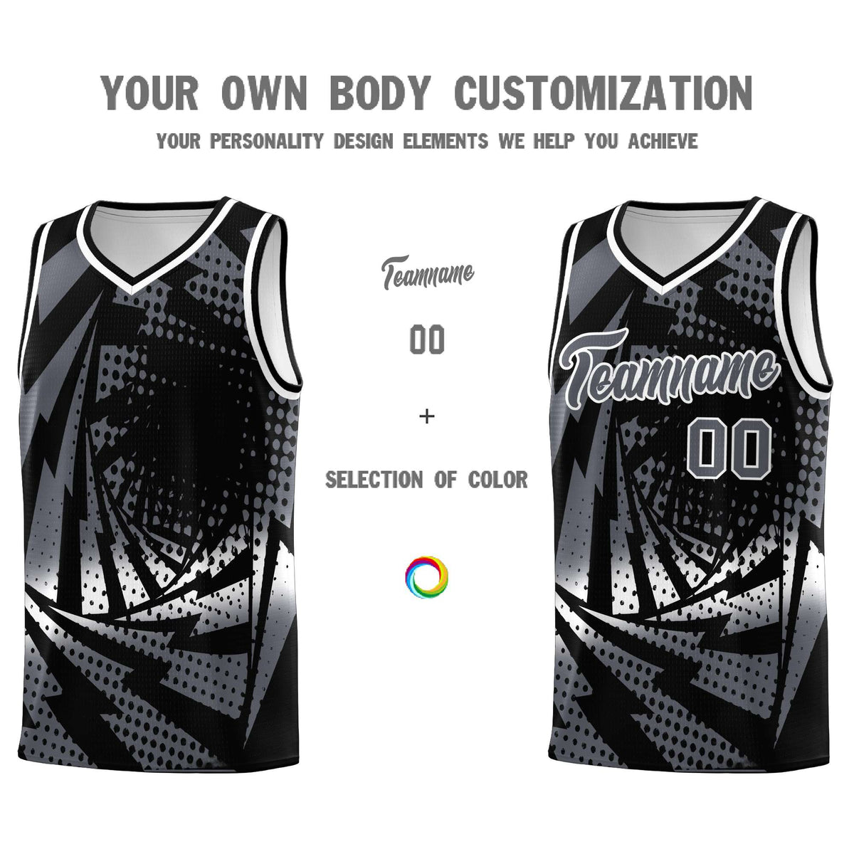 Custom Youth Basketball Jerseys Black Dark Gray Lightning Design Halftone Personalized Uniforms