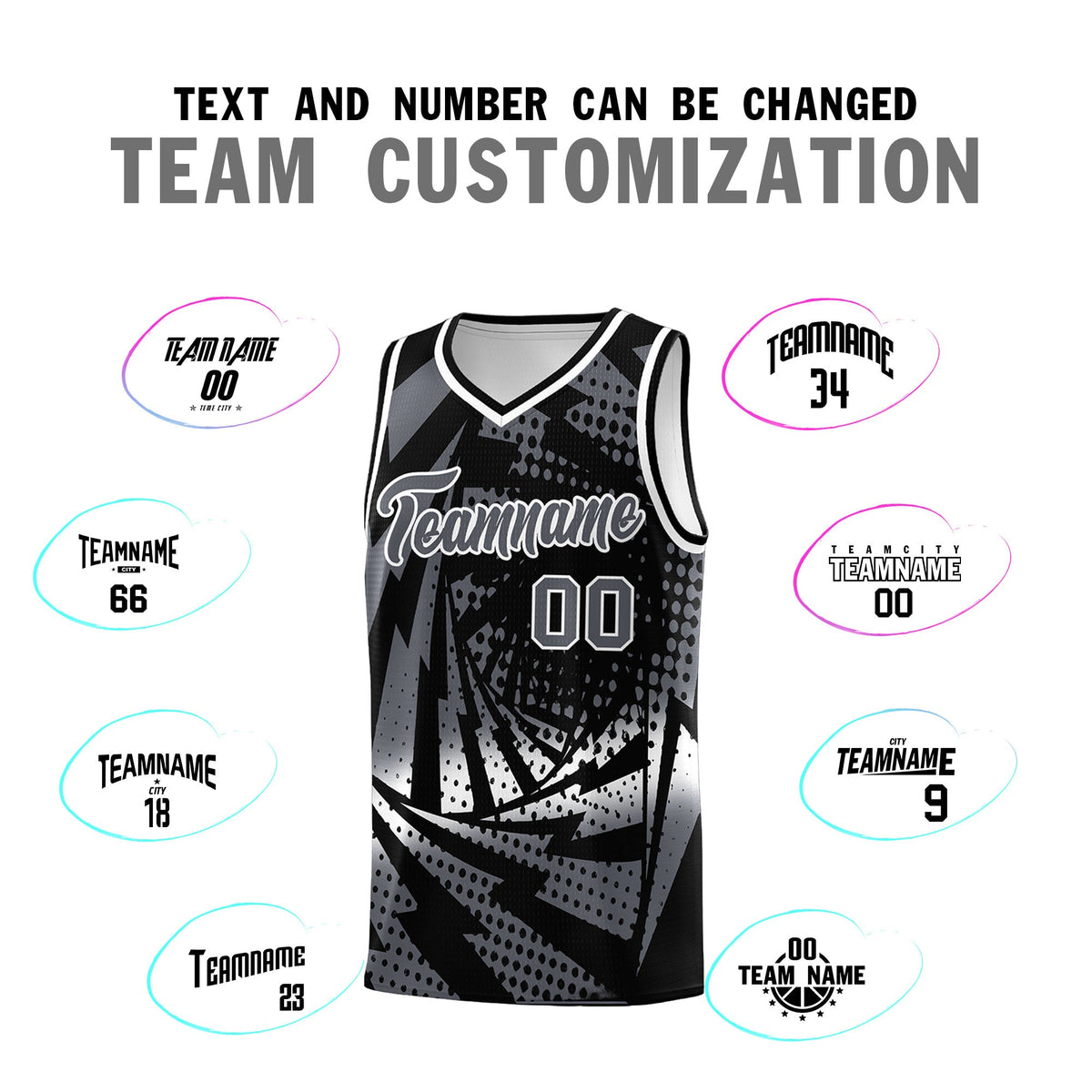 Custom Youth Basketball Jerseys Black Dark Gray Lightning Design Halftone Personalized Uniforms