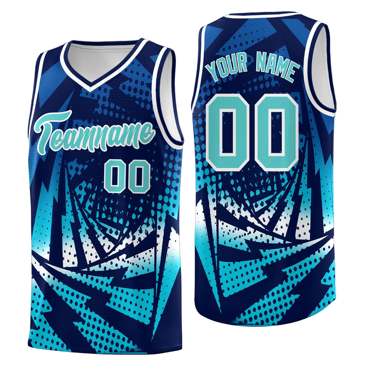 Custom Youth Basketball Jerseys Navy Sky Blue Lightning Halftone Personalized Team Uniforms