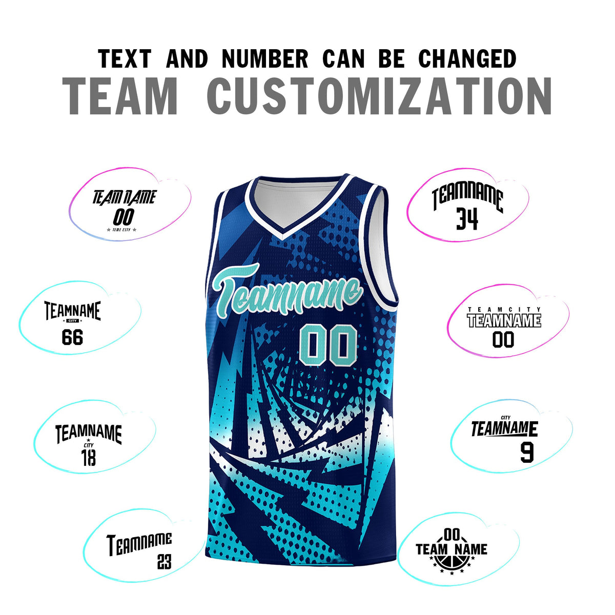 Custom Youth Basketball Jerseys Navy Sky Blue Lightning Halftone Personalized Team Uniforms