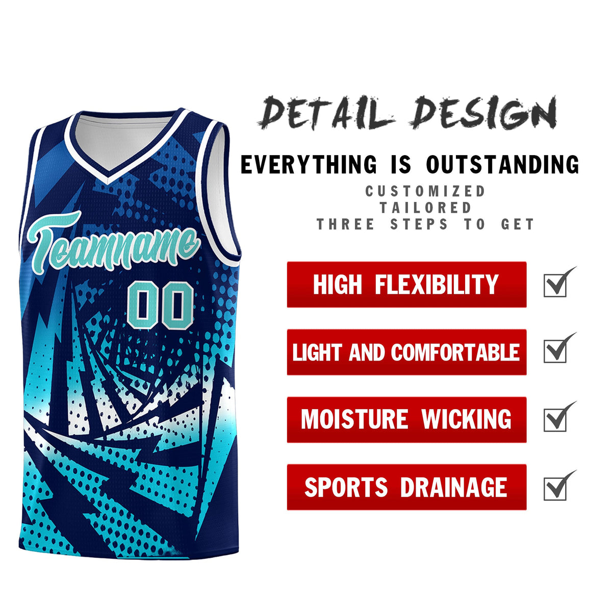 Custom Youth Basketball Jerseys Navy Sky Blue Lightning Halftone Personalized Team Uniforms