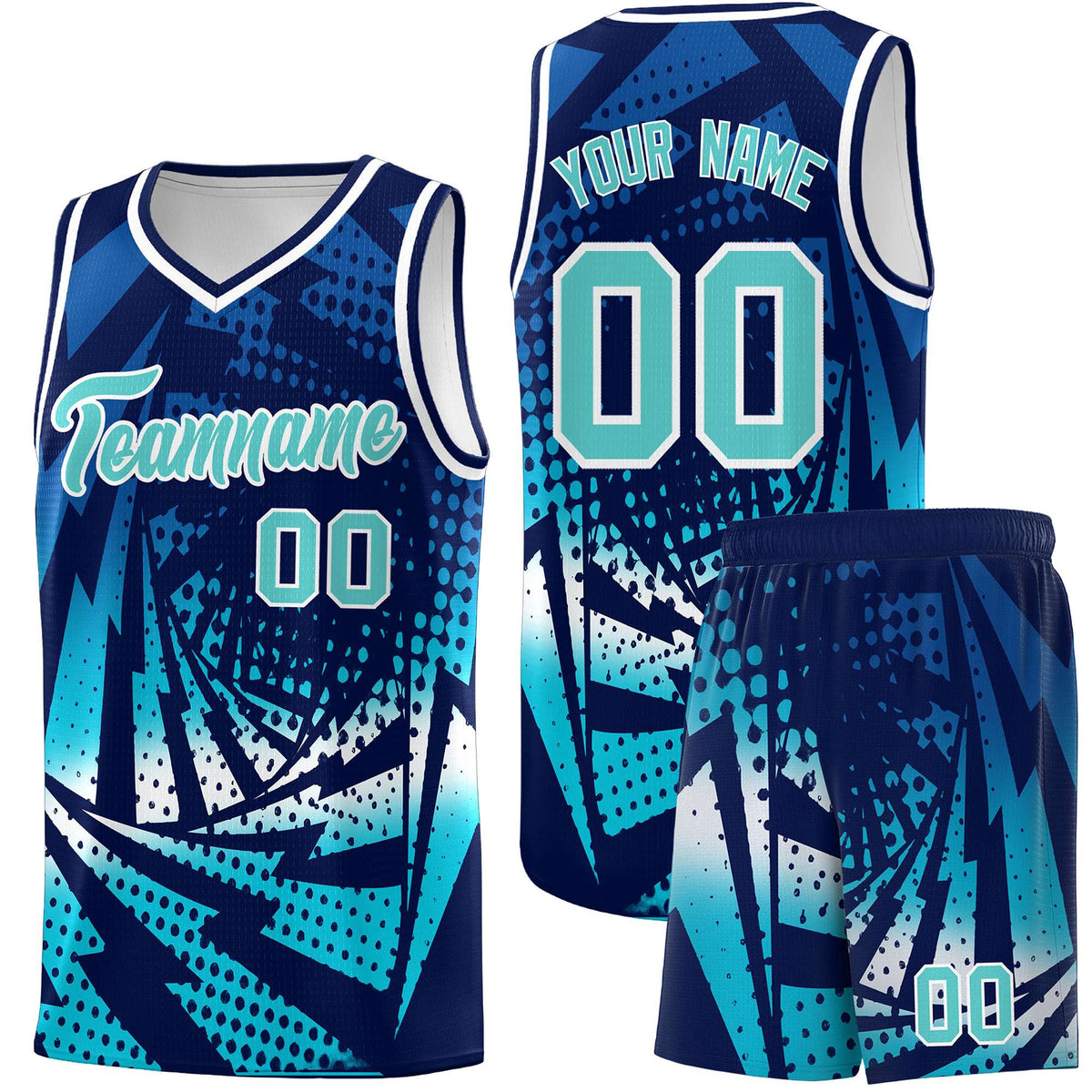 Custom Youth Basketball Jerseys Navy Sky Blue Lightning Halftone Personalized Team Uniforms