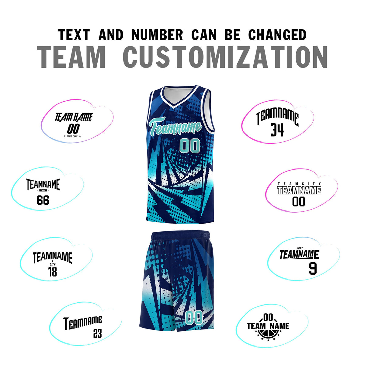 Custom Youth Basketball Jerseys Navy Sky Blue Lightning Halftone Personalized Team Uniforms