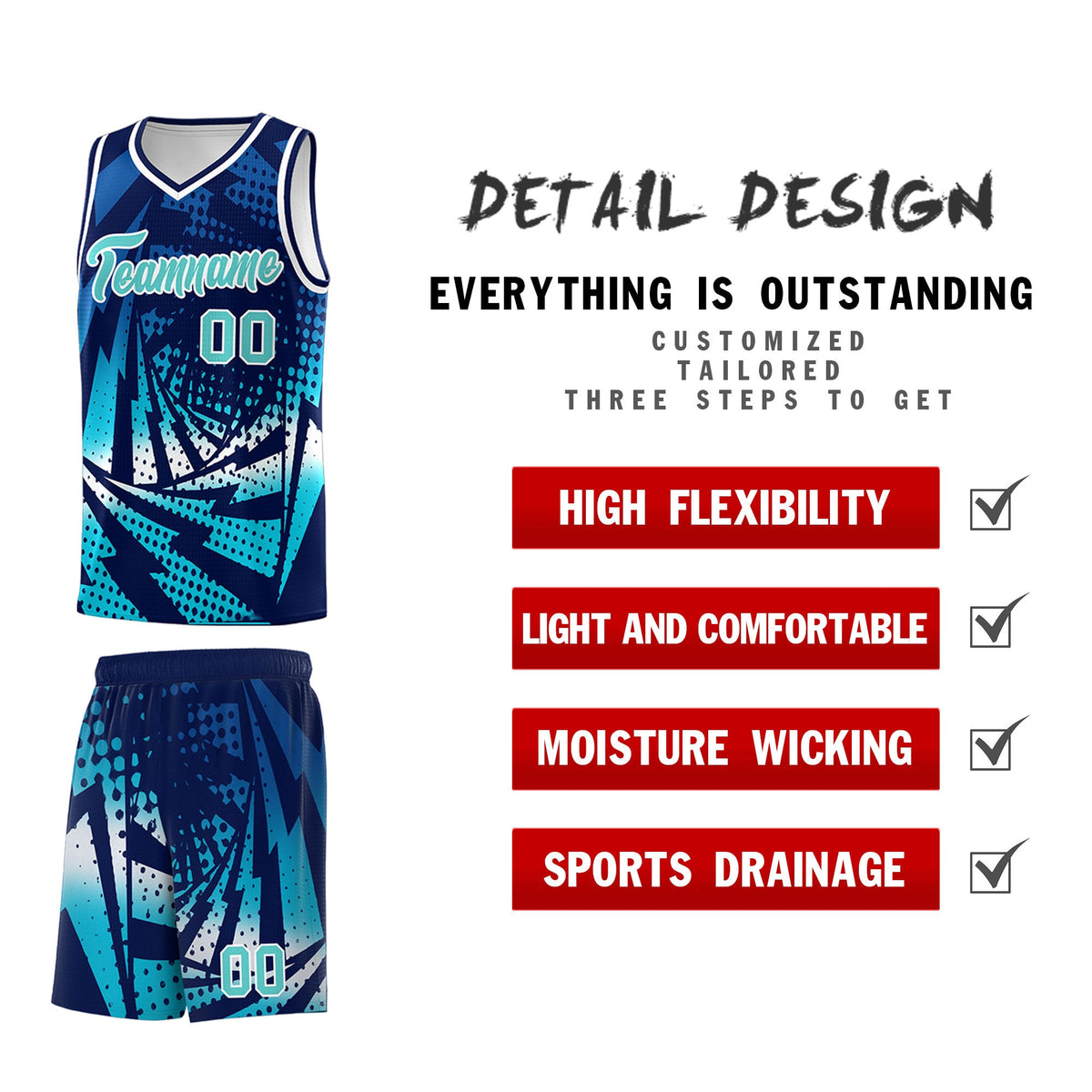 Custom Youth Basketball Jerseys Navy Sky Blue Lightning Halftone Personalized Team Uniforms