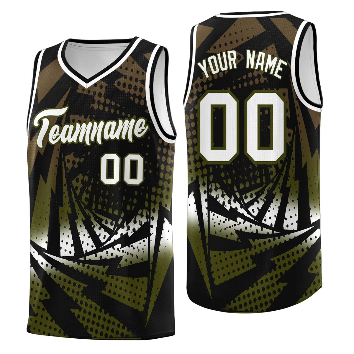 Custom Youth Basketball Jerseys Black Olive Lightning Design Halftone Personalized Uniforms
