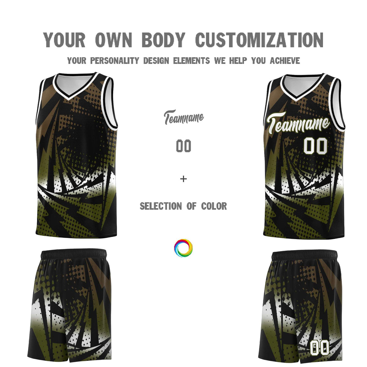 Custom Youth Basketball Jerseys Black Olive Lightning Design Halftone Personalized Uniforms